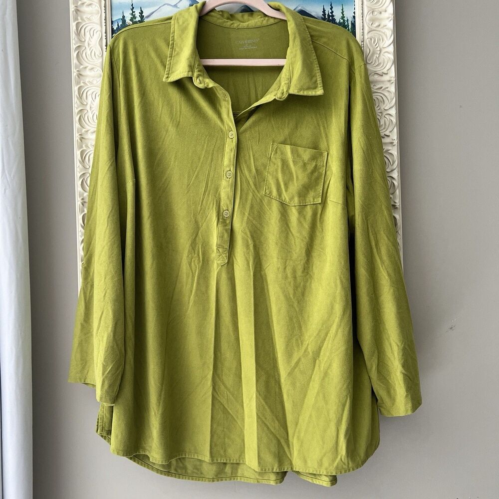 Catherines Plus Size 2X Lime Green Faux Suede Collared Long Sleeve Tunic Top‎